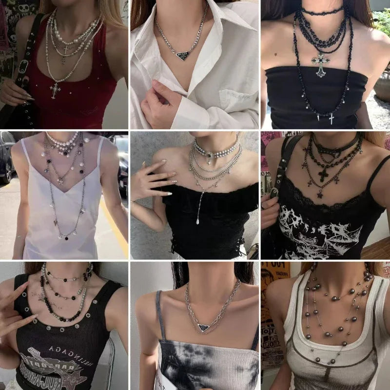 Multi layered necklace with stainless steel punk style hip-hop collarbone chain for couples to wear as holiday gift