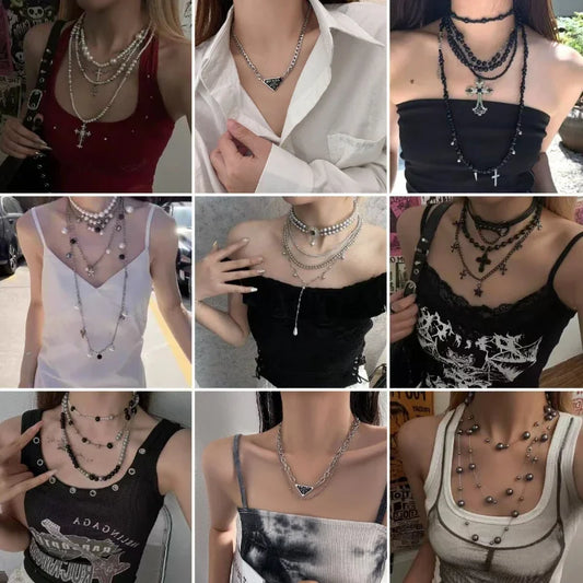 Multi layered necklace with stainless steel punk style hip-hop collarbone chain for couples to wear as holiday gift