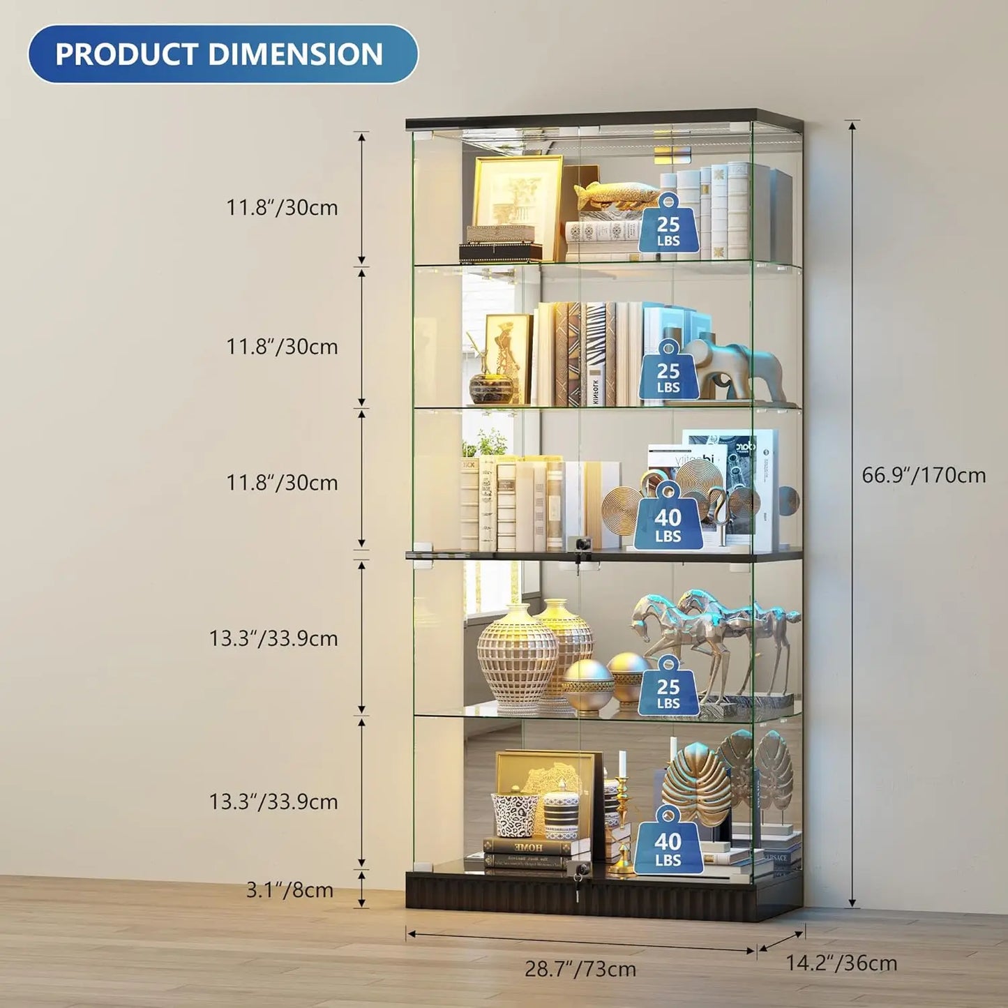 Glass Display Cabinet with RGB Lights - 5-Tiers Curio Cabinet Display Case with Lock, Frameless Tall Showcase, Customized