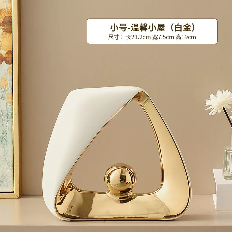 Ceramic Crafts Statues Abstract Ornaments Decorative Figurines Geometric Triangles Golden Ball Skeleton Sculpture Home Decor