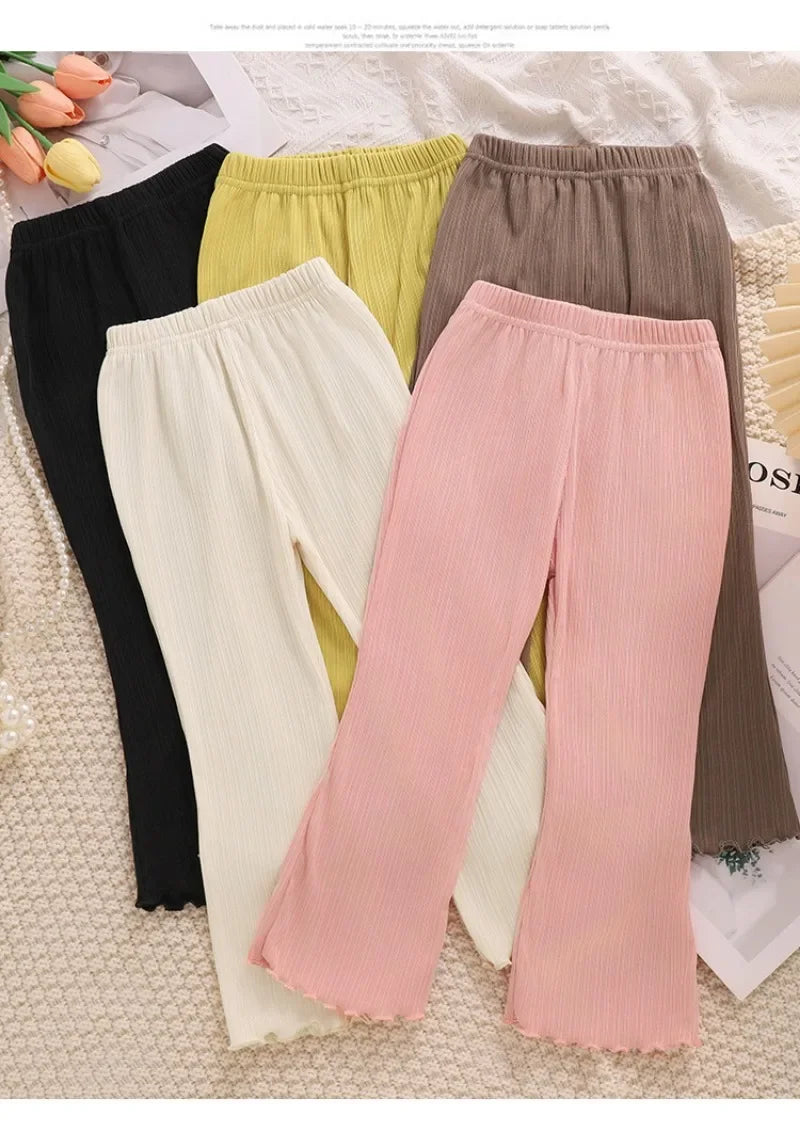 Children Summer Solid Color Thin Ribbed Knit Flared Pants Girls Casual Trousers Korea Fashion Pants Girl Princess Style Capris
