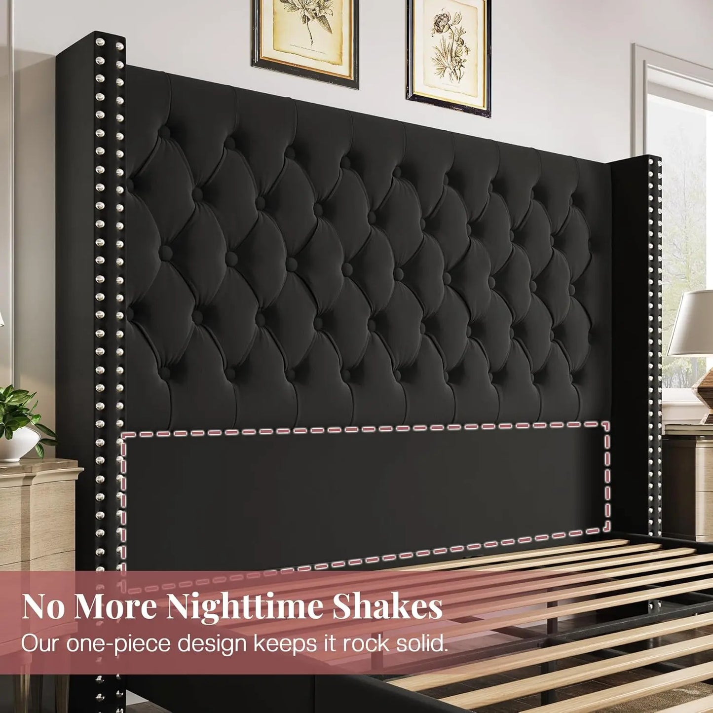 King Size Bed Frame Wingback Velvet Upholstered Platform Deep Button Tufting Solid Wood Legs No Box Spring Black, Customized