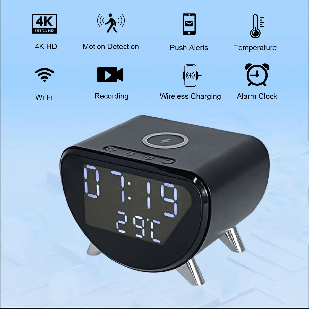 4K WiFi Clock Camera with Wireless Charging, Motion Detection, Loop Recording, Remote Viewing & App Control for Home Security