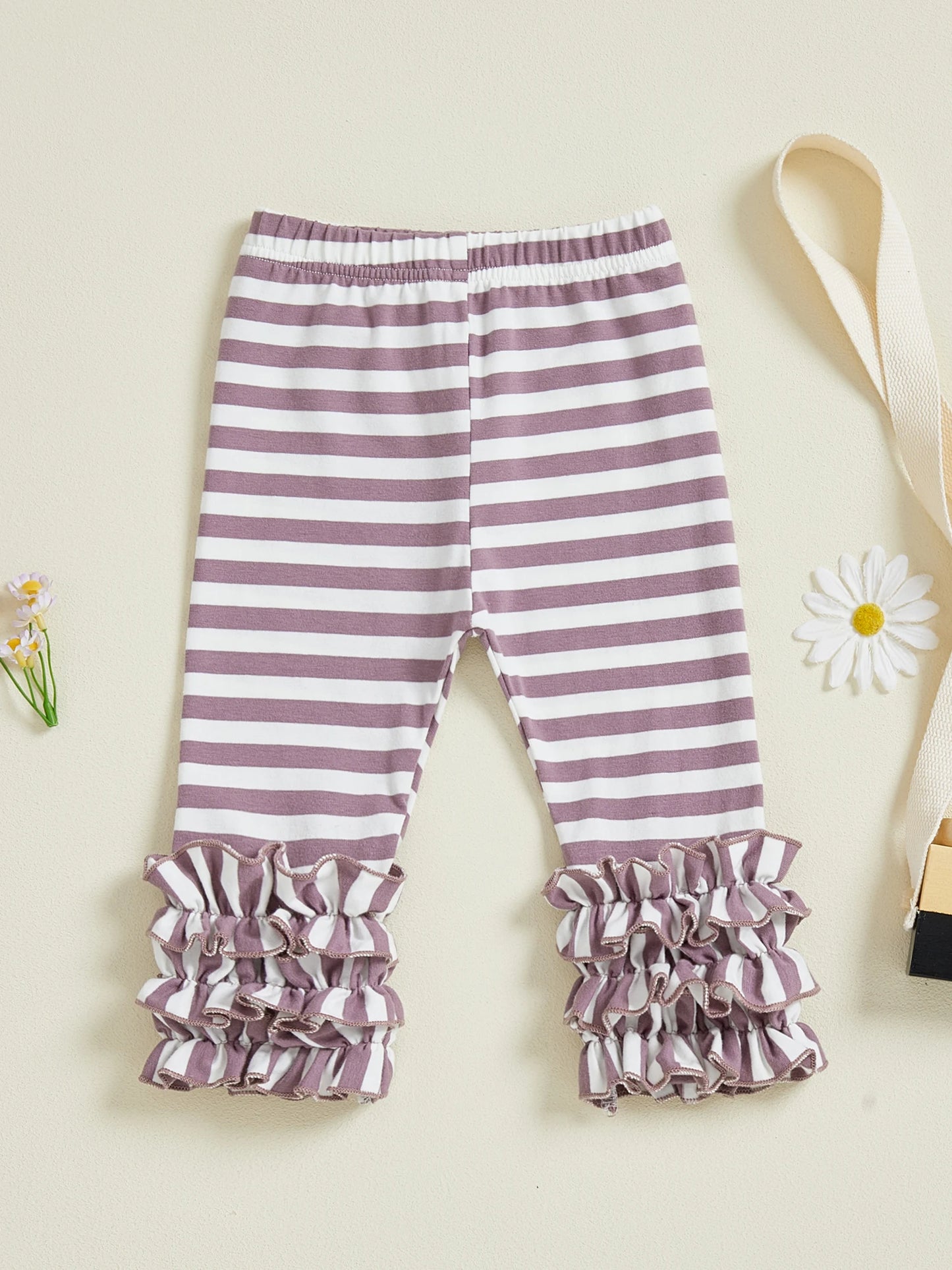 Toddler Girls Striped Leggings Elastic Waist Frills  Fit Fall Long Trousers for Casual Daily