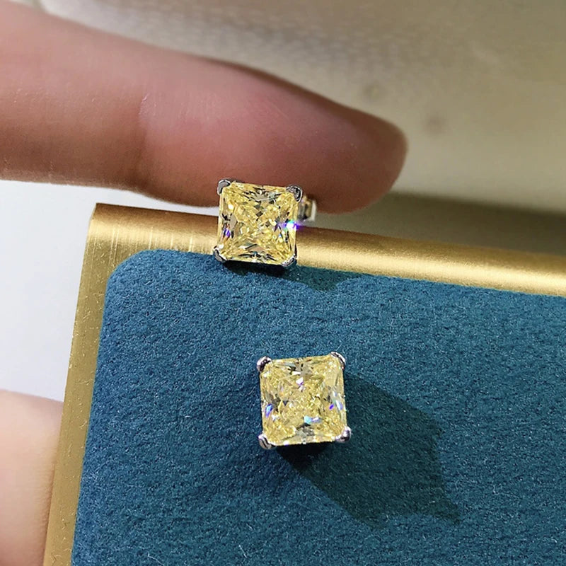 925 Sterling Silver Ladies Classic Four-Prong Ear Stud Princess Cut Fashion Simple Zircon Earrings for Women Fine Jewelry Gift