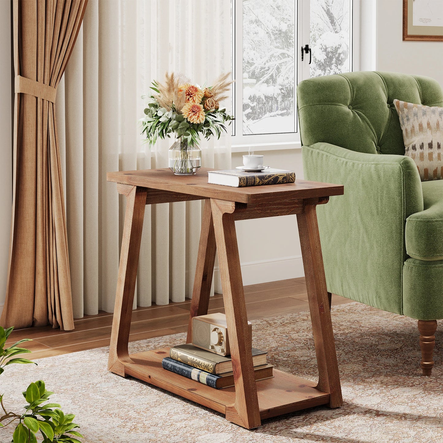 2-Tier Solid Wood End Table, Narrow Side Table, Rectangle Farmhouse Nightstand for Living Room, Bedroom, Easy Assembly