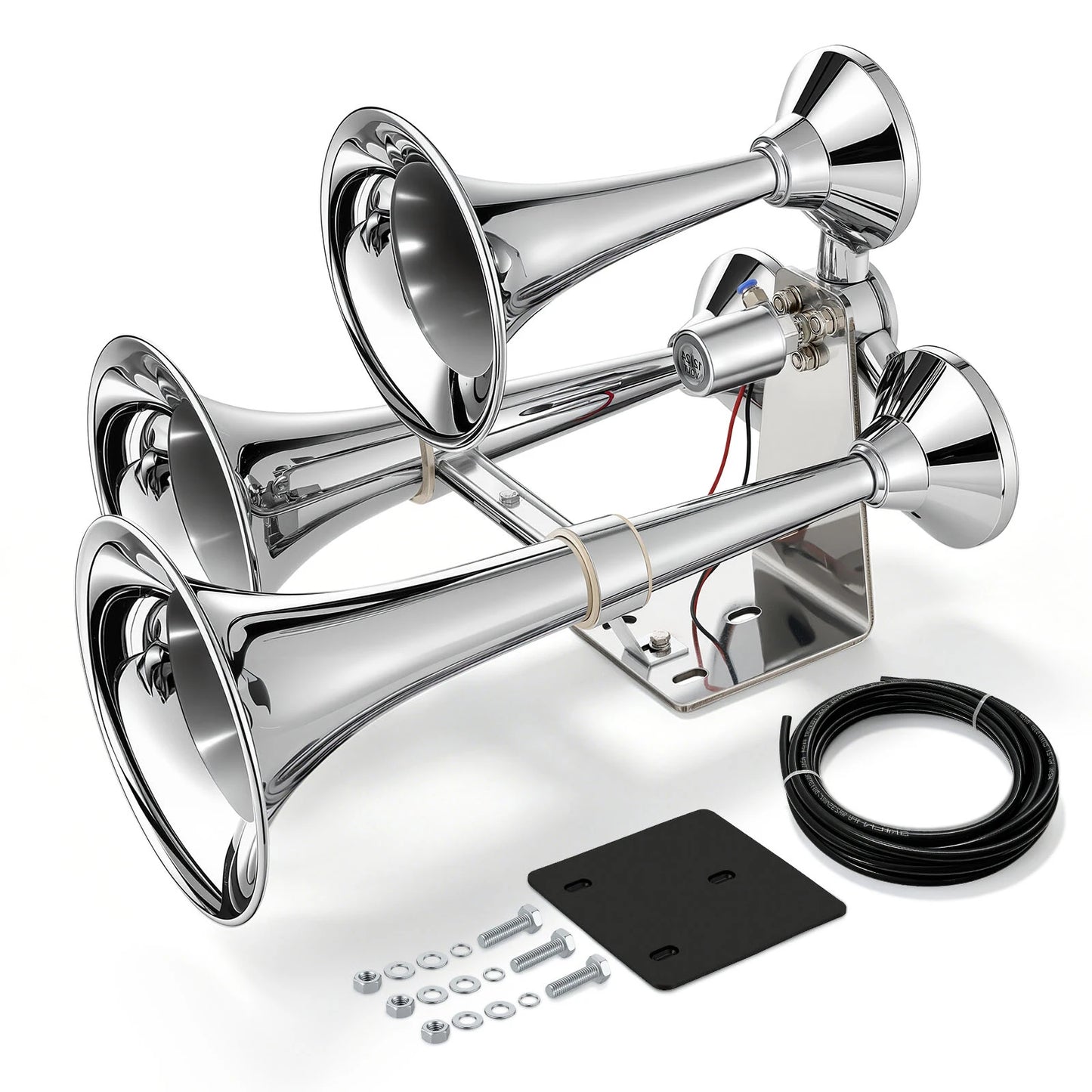 SucceBuy 3-Trumpet Air Horn 150dB Super Loud Train Horn for Trucks SUVs Fits 12V/24V Vehicles & Boats Built-in Solenoid Valve