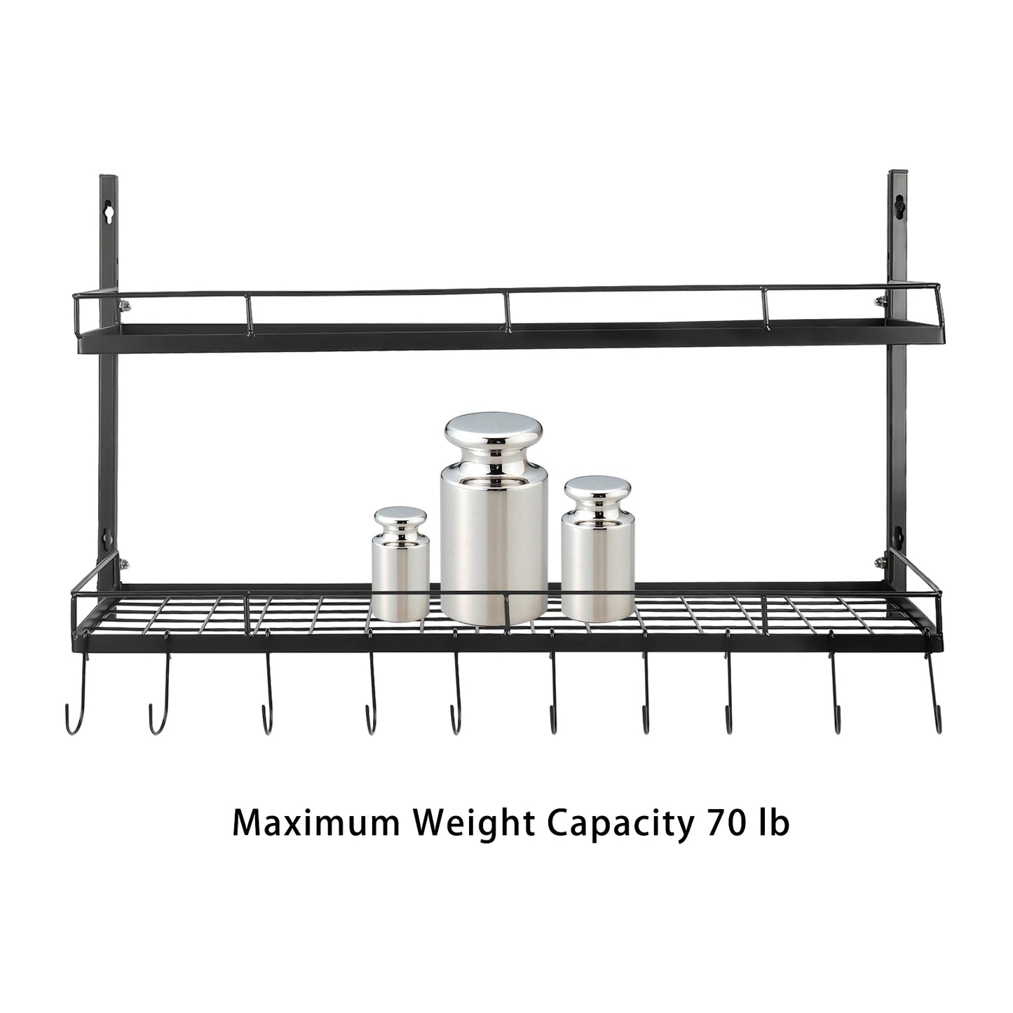 Wall Mounted Kitchen Rack 2 Tiers Iron, Pot and Pan Hanging Rack with 10 Hooks Kitchen Hanger for Pots 2-layer Storage Shelves