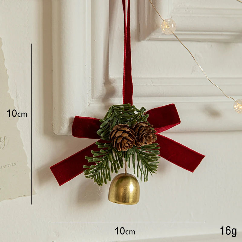 Christmas Jingle Bells Door Hanger Ornament Velvet Bow Pine cone Bell Pendants for Christmas Decoration 2024 Christmas Gift Noel