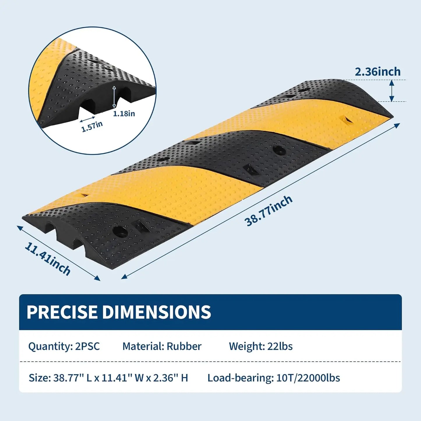 2Pcs 3.3FT Rubber Speed Bump, 2 Channel Heavy Duty Traffic Speed Hump 22000LBS Capacity,  for Asphalt Concrete Gravel Roads