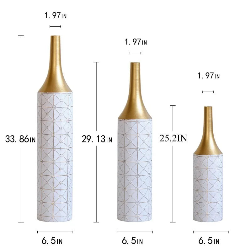 Floor Decorated White Set Of 3 Gorgeous Home Decoration Large Glazed Metal Vases 24In/28.7In/33.5In Height