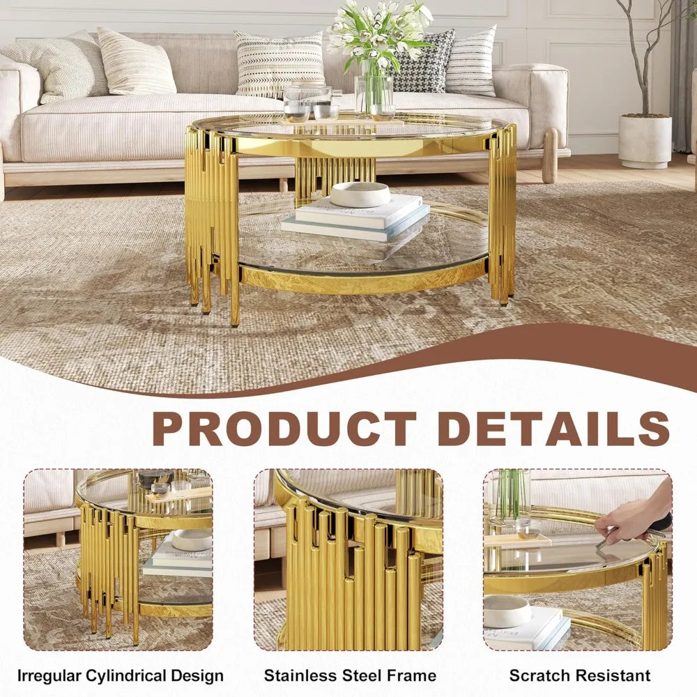 2-Tier Glass Coffee Table for Living Room, 35 inch Round Center Table with Tempered Glass Top and Stainless Steel Frame for Apar