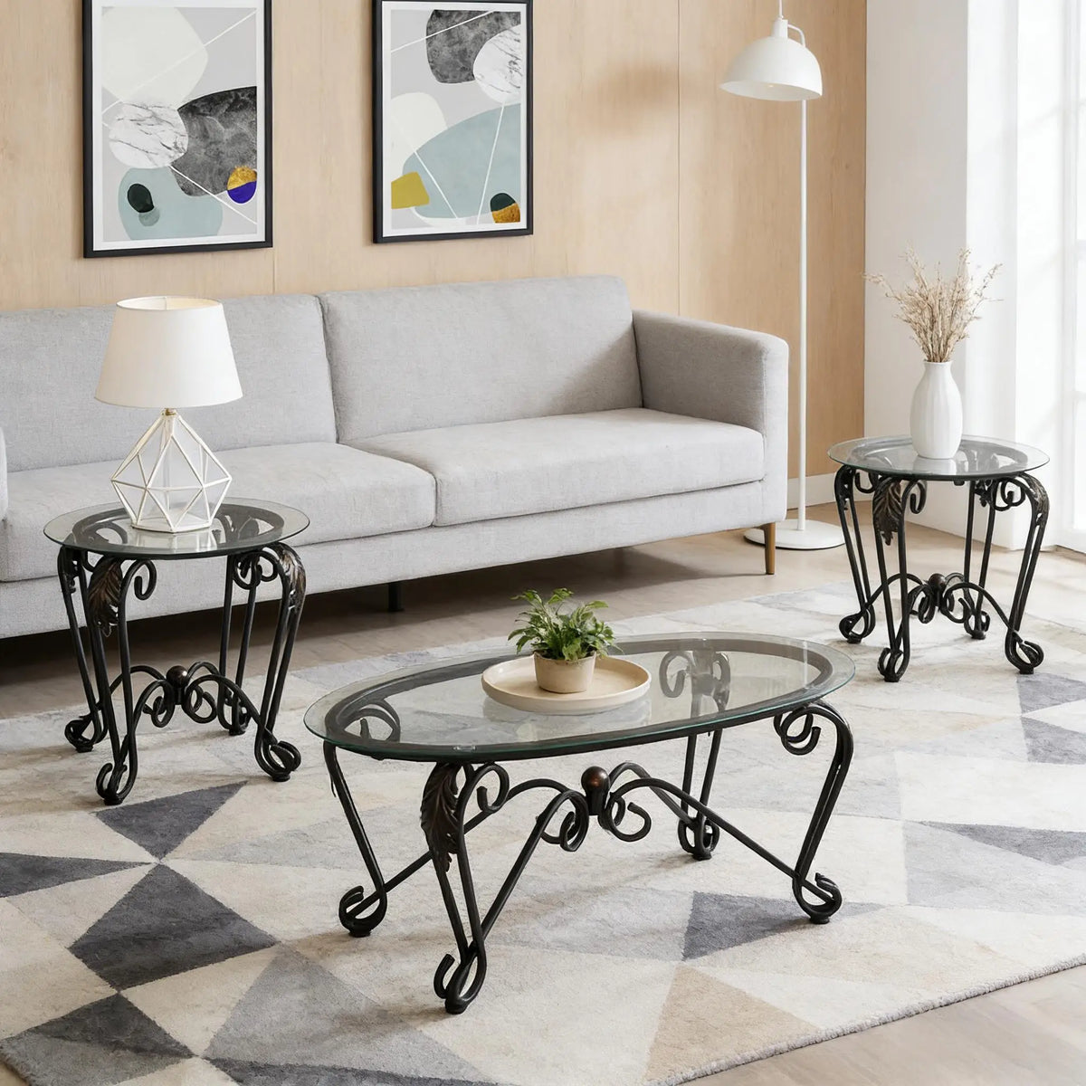 Tempered Glass Coffee Table Set Of 3 With Round Side Tables Rustic Black