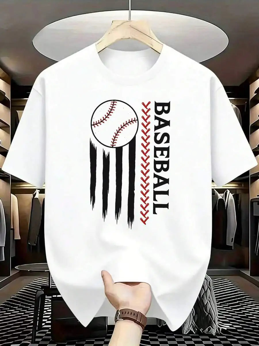 Mens Baseball Graphic Tee With Ball And Stripe Print Short Sleeve Casual Summer Shirt