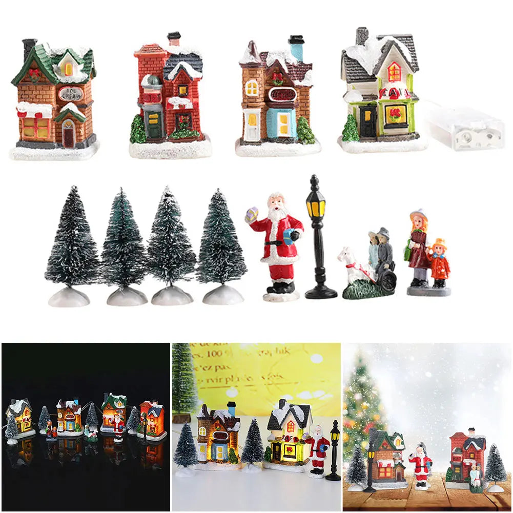 12 Pcs Mini Resin Christmas Village Figurines Decoration Set Lighted LED DIY Christmas Doll Figurines Christmas Home Decorations