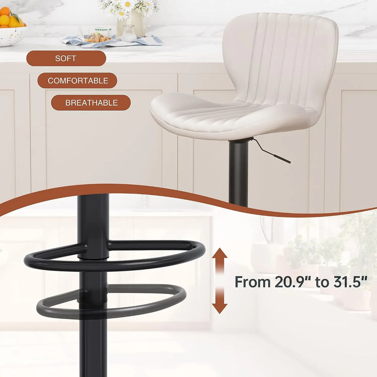 Beige Leather Adjustable Bar Stools Set of 2, Modern Counter Height Chairs