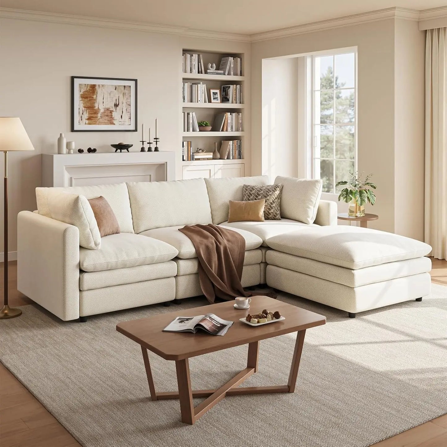 97" Modular L-Shaped Cloud Sofa, 29.1" Deep Seat & Movable Ottoman for Living Room, Custom