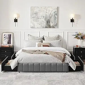 Yaheetech Full Bed Frame Upholstered Platform Bed with 3 Storage Drawers, Large Storage Space/Strong Wooden Slats/Non-Slip and N