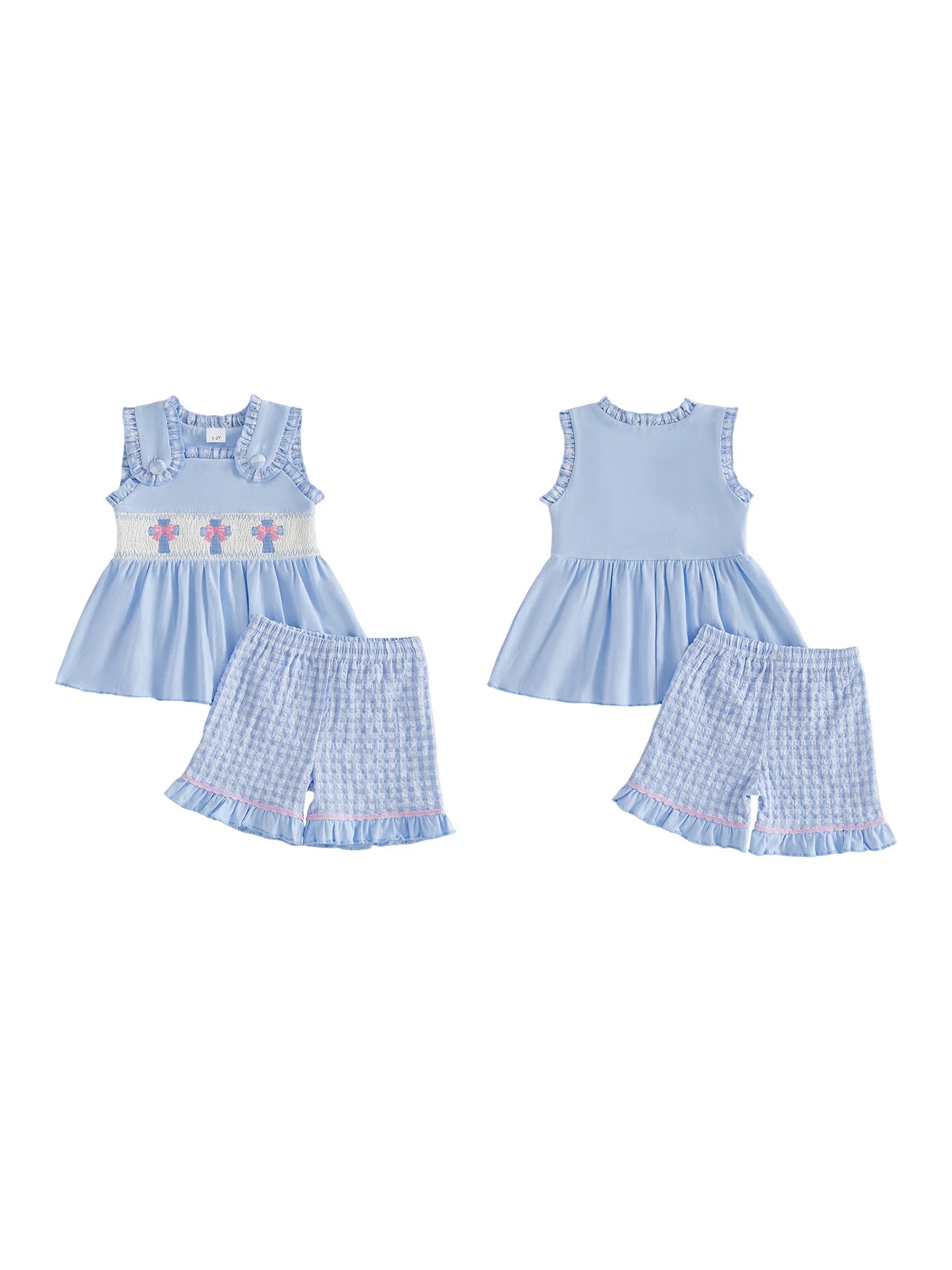Sweet and Stylish Girls Easter Outfits Featuring Cute Bunny Embroidery Sleeveless Design and Plaid Shorts - Perfect for