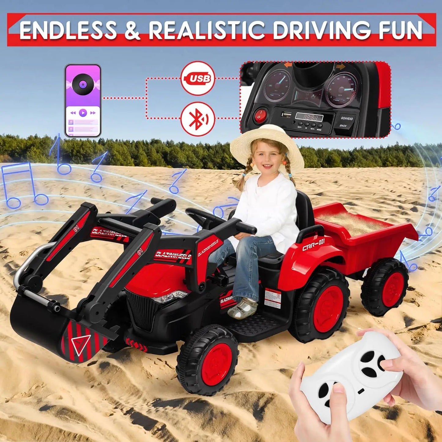 12V 3 in 1 Kids Ride On Excavator & Tractor with Detachable Trailer, Kids Electric Vehicles with Remote Control LED Lights Music