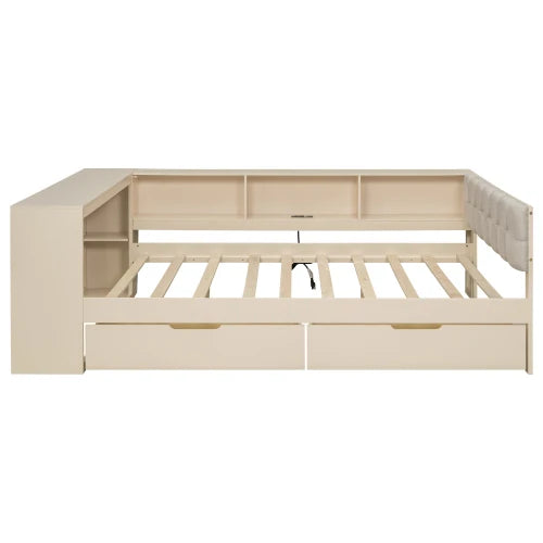 Wood Full Size Platform Bed with Storage Shelves, Drawers, Charging Station and Upholstered Headboard, Cream