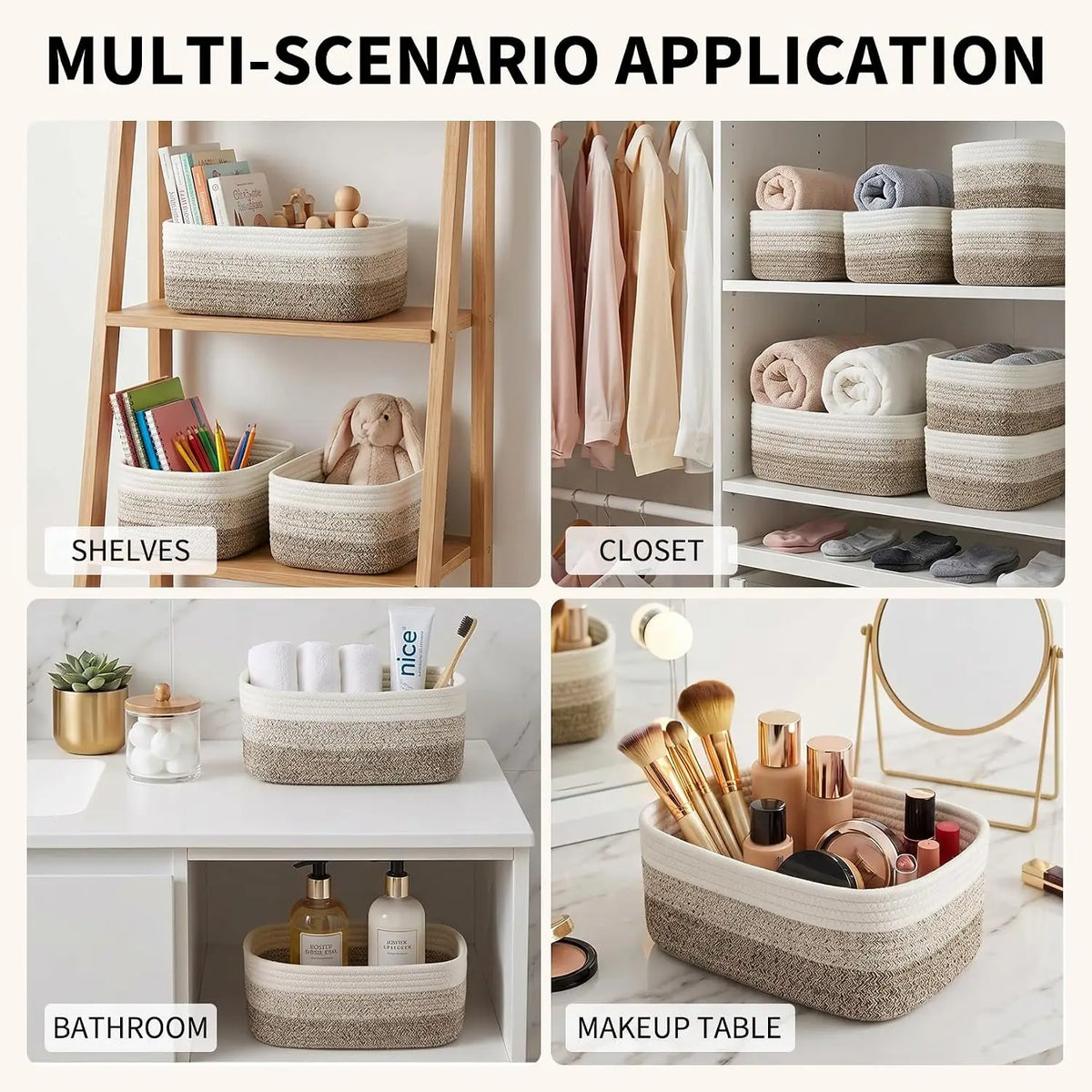 oft Cotton Rope Woven Storage Baskets Set - 3 Pack Rectangular Shelf Bins 11.8 x 7.5 x 4.7 in - No Handles, Closet Bathroom Nursery Toy Makeup Shelves & Tabletop Organizer