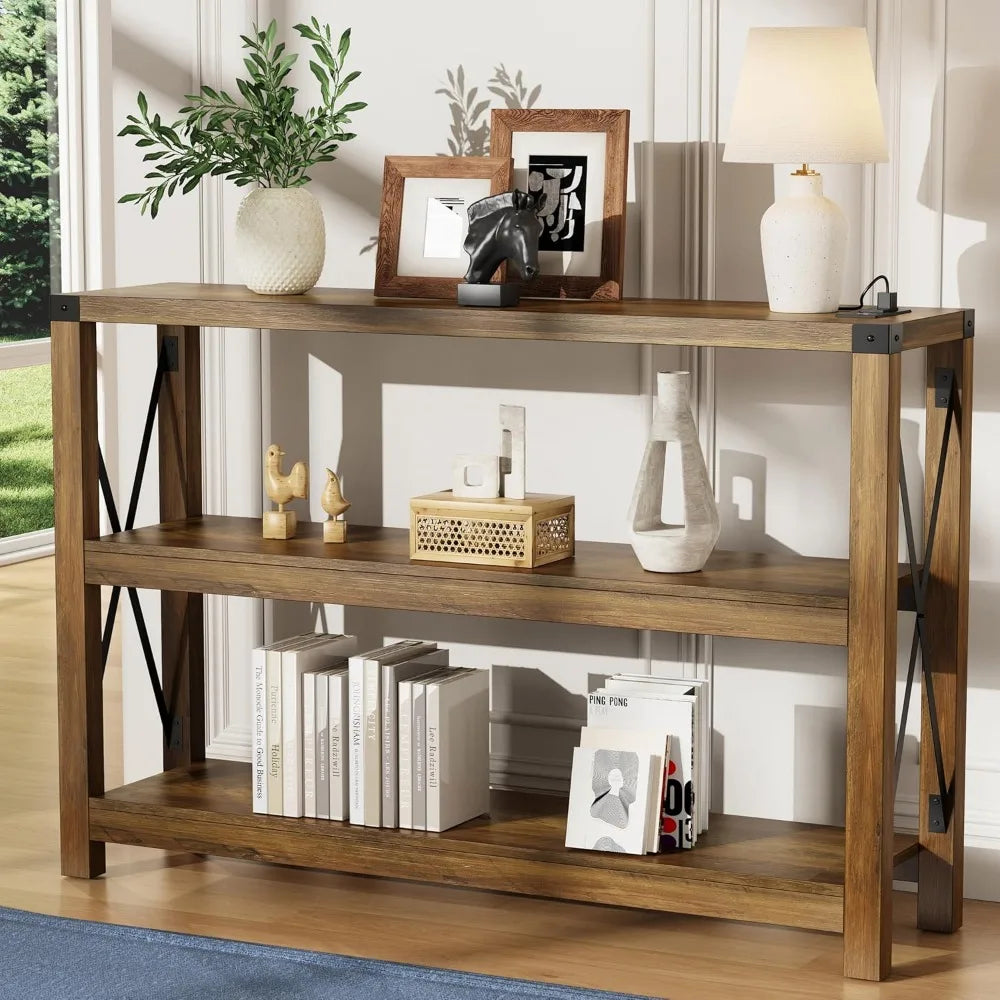 47.2 Entryway Table with Outlets and USB Ports, Console Table with 3-Tier Open Storage Shelves, Wooden Sofa Table with Metal X-S
