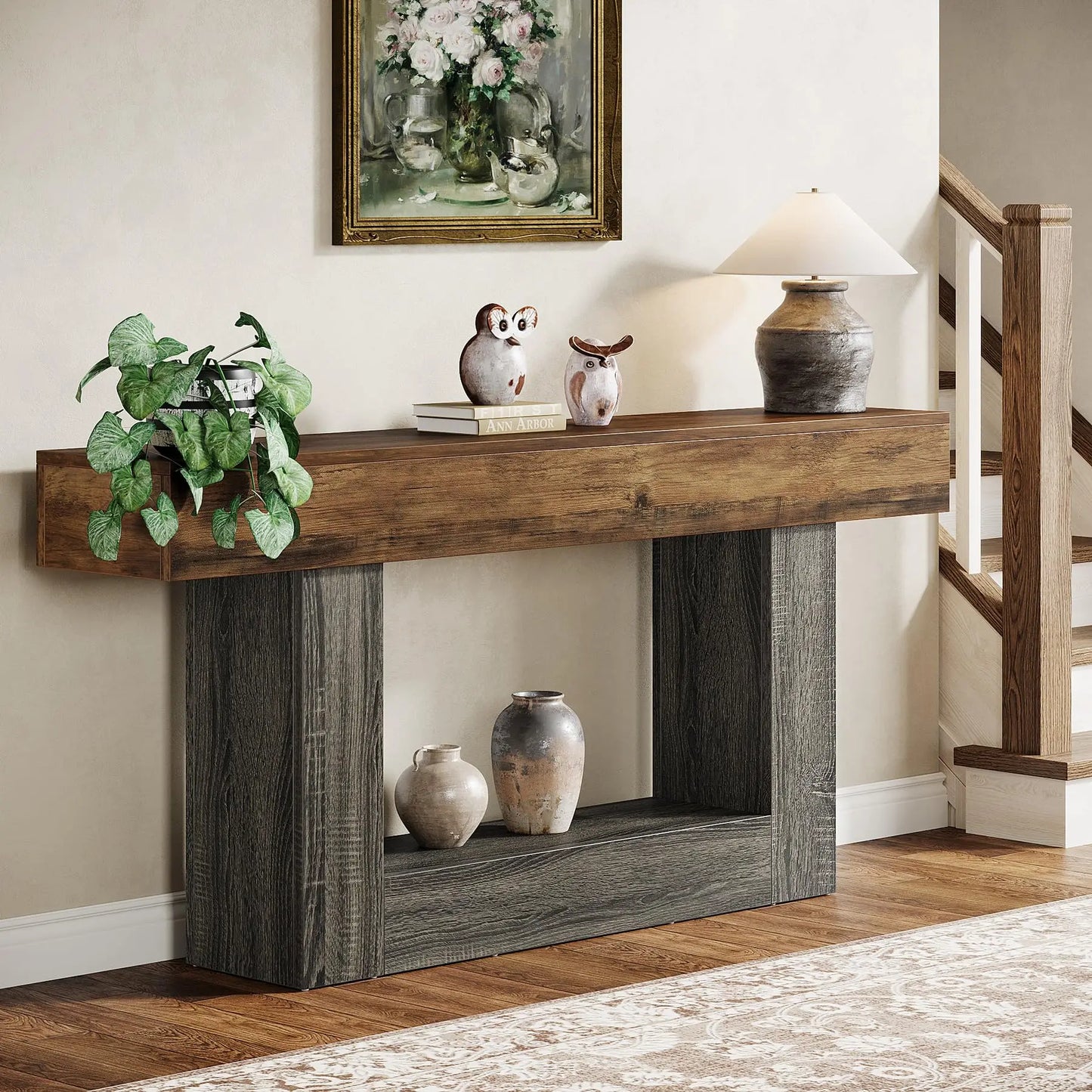 LITTLE TREE 63" Console Table, Farmhouse 2-Tier Entryway Table with U-Shaped Base,Narrow Long Wood Sofa Table Behind Couch Table