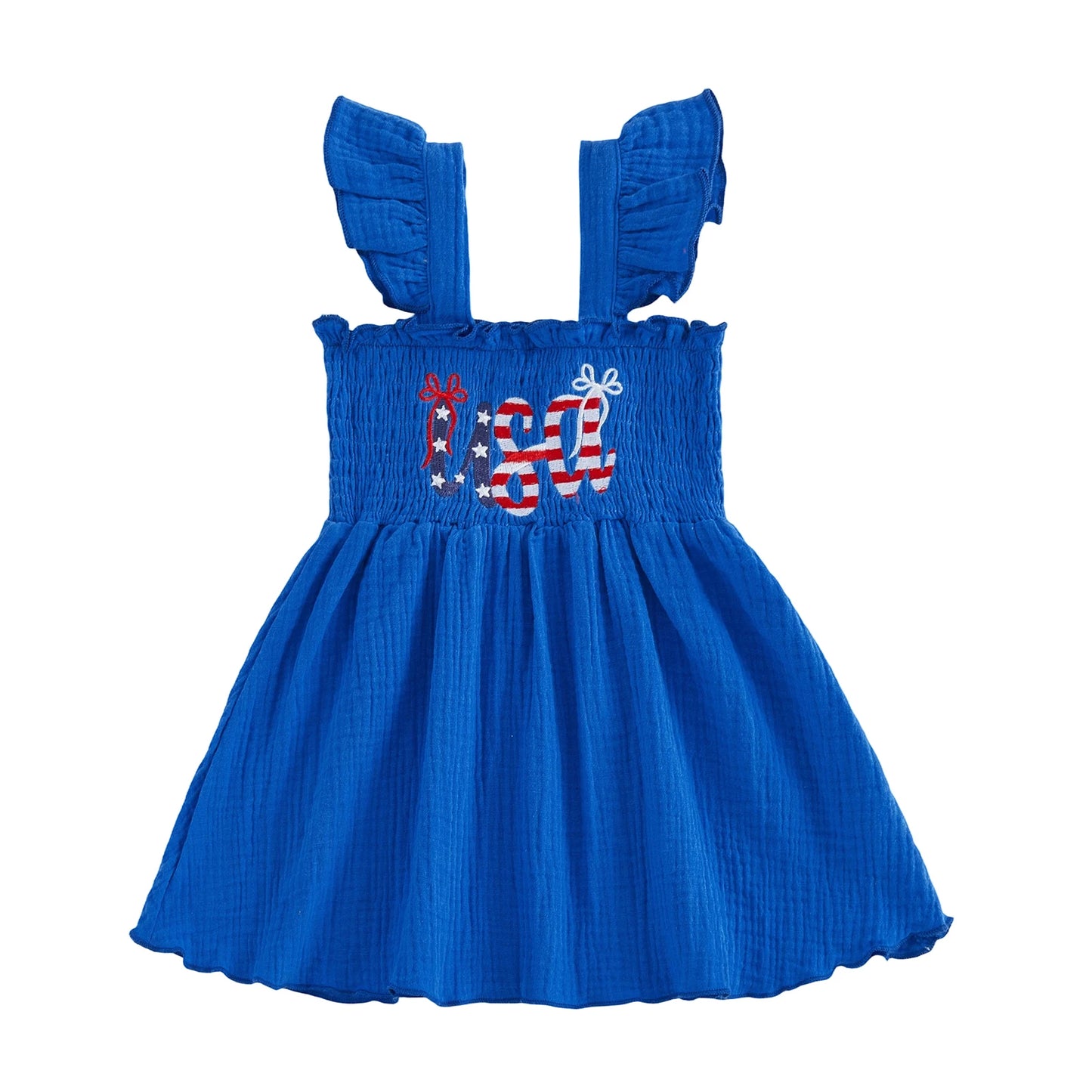 Toddler Girl s 4th of July Dress with Flying Sleeves Square Neckline Embroidered Letters and Smocked A-Line Design for a