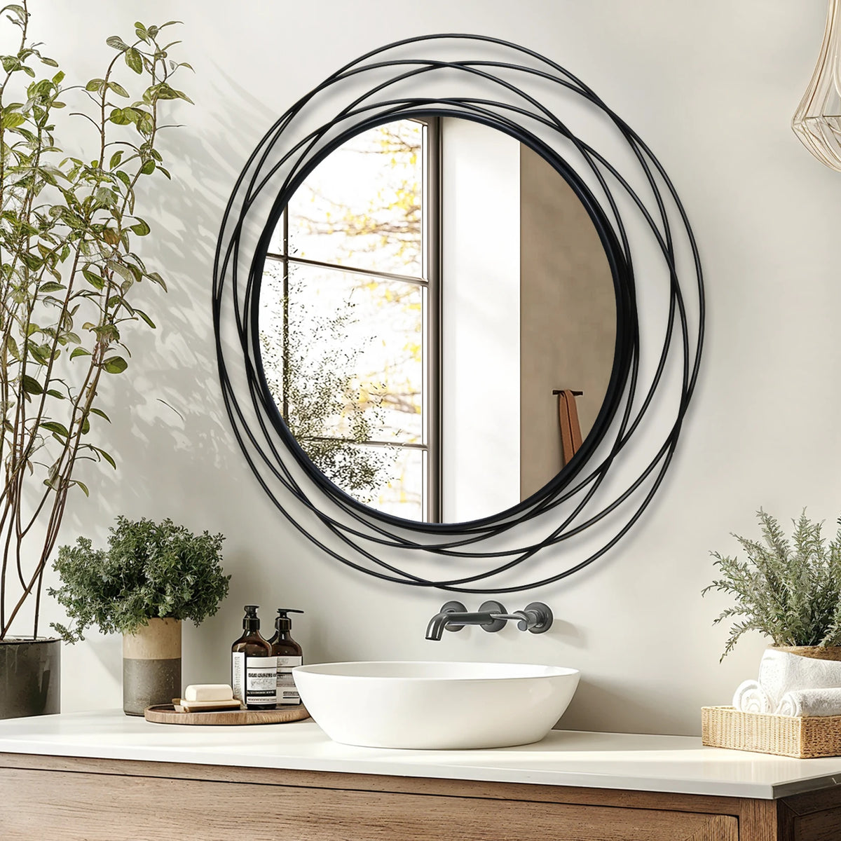 32 Inch Round Black Iron Wire Frame Decorative Wall Mirror for Living Room