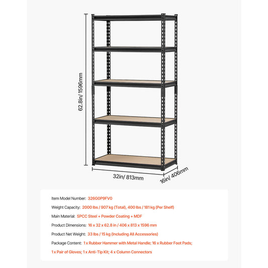 VEVOR 5 Tier Metal Garage Shelf Units 400lbs Per Shelf with Height Adjustable Storage Shelving for Warehouse Workshop Office