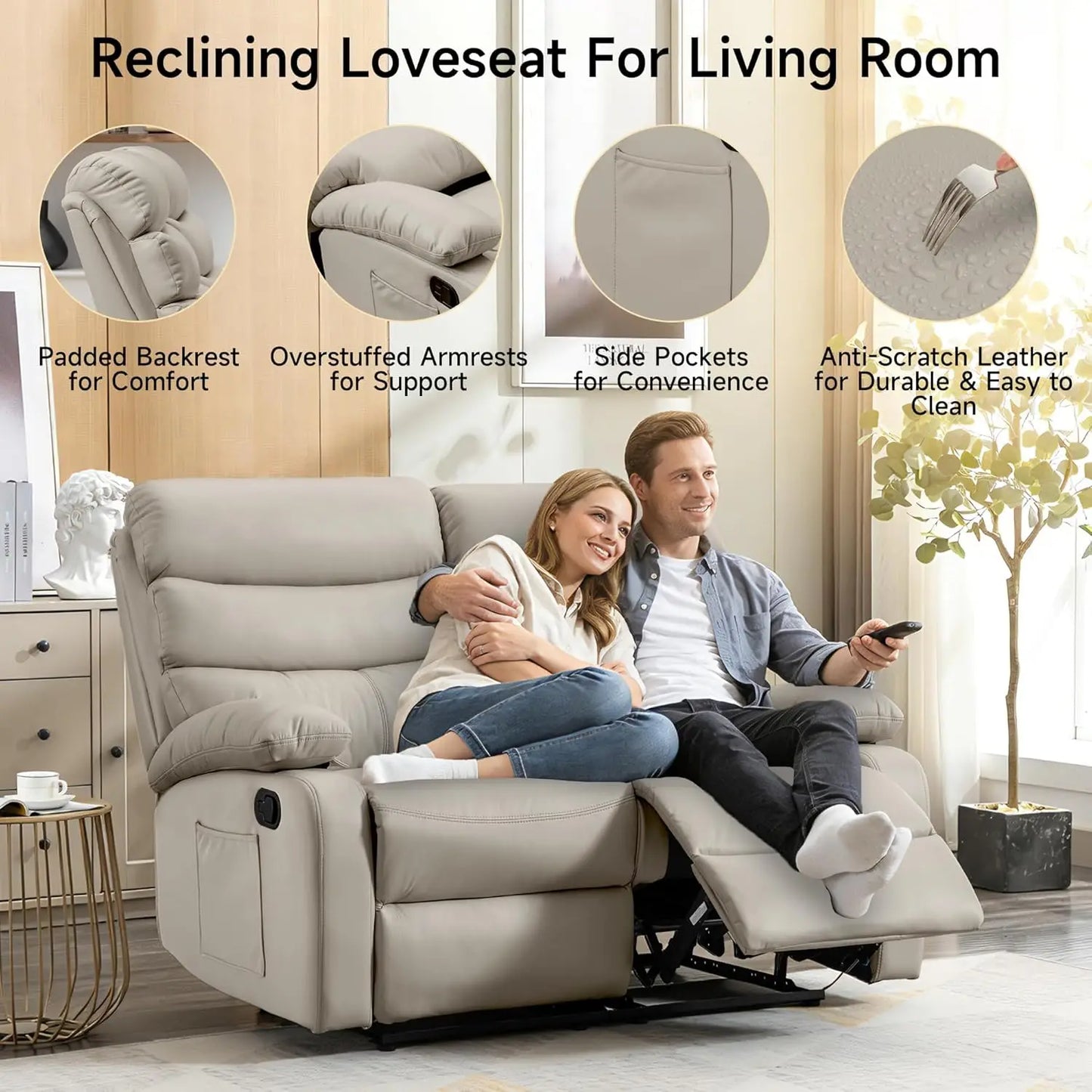 Wall Hugger Reclining Loveseat Anti-Scratch Leather Side Pocket Living Room RV Home Theater 2-Seat Beige, Customized