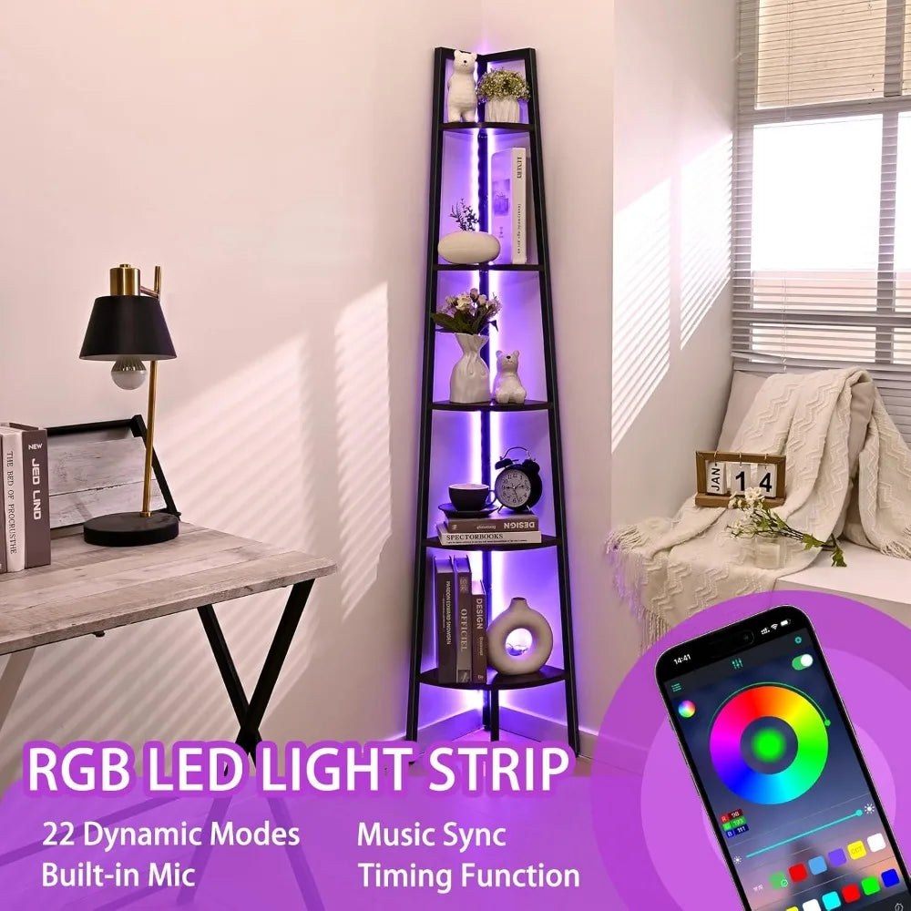Corner Shelf, 5-Tier Corner Bookshelf with LED Light, 67.5in Corner Shelves for Bedroom, Tall Standing Shelf with Steel Frame,