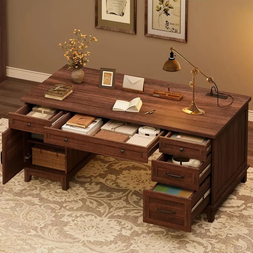 60-inch Wooden Home Office Desk with Charging Station and Storage in Walnut Brown