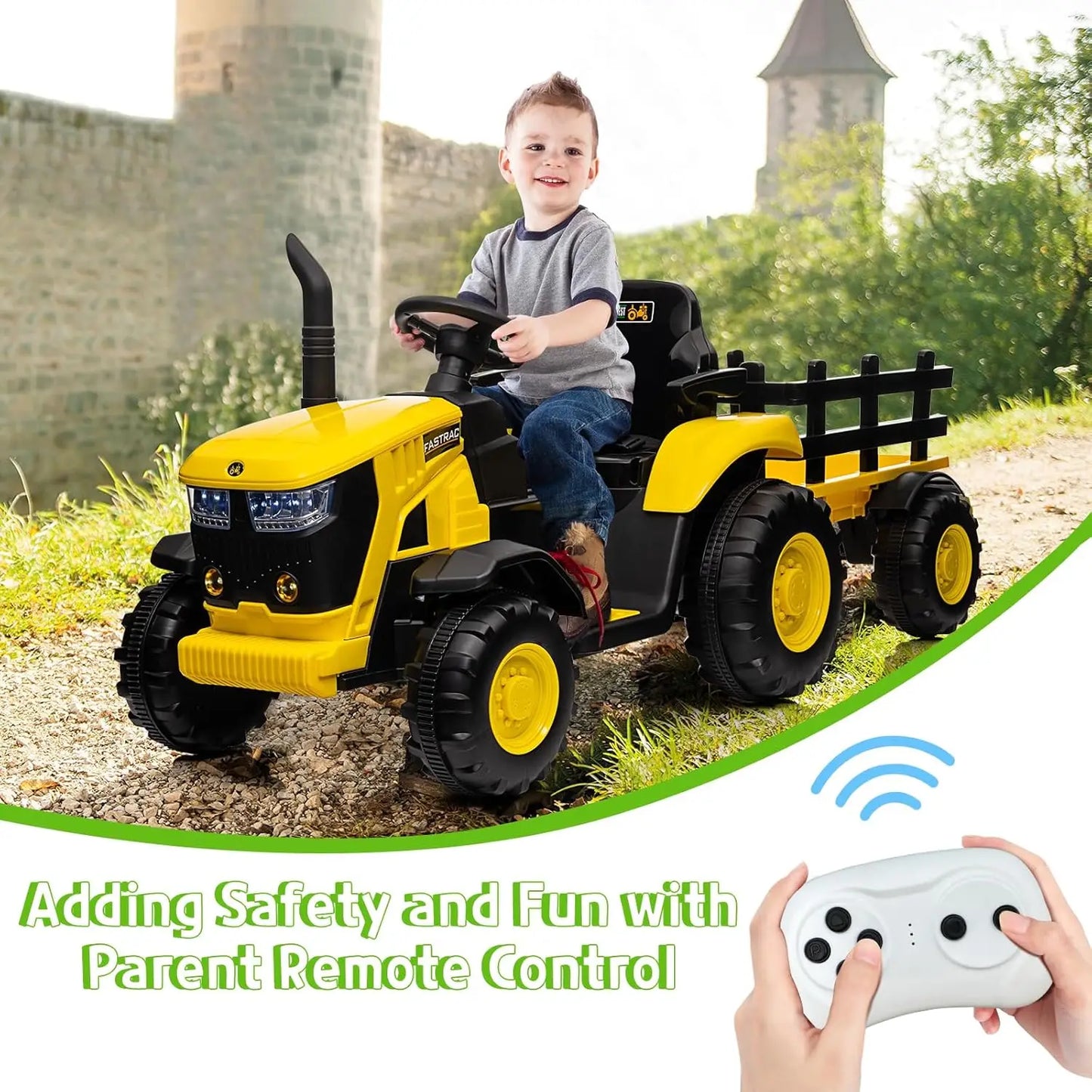 12V Battery Powered Kids Ride On Tractor Toys with Remote Control 35W Dual Motors Bluetooth Music 3-Gear Shift Safety Belt 3-6Y
