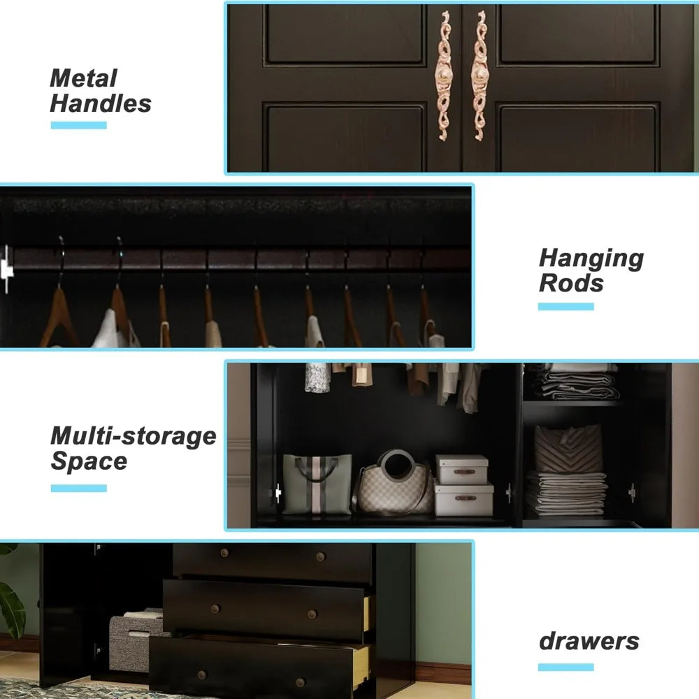 4-Door Solid Wood Armoire - Elegant Wardrobe with 2 Drawers & Dual Hanging Rods