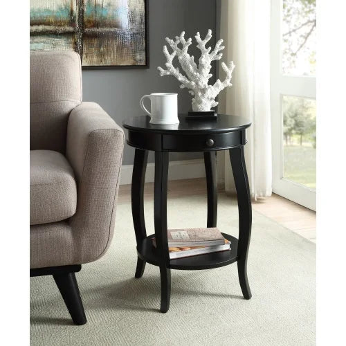 Black Finish Round Accent Table with Drawer and Open Bottom Shelf