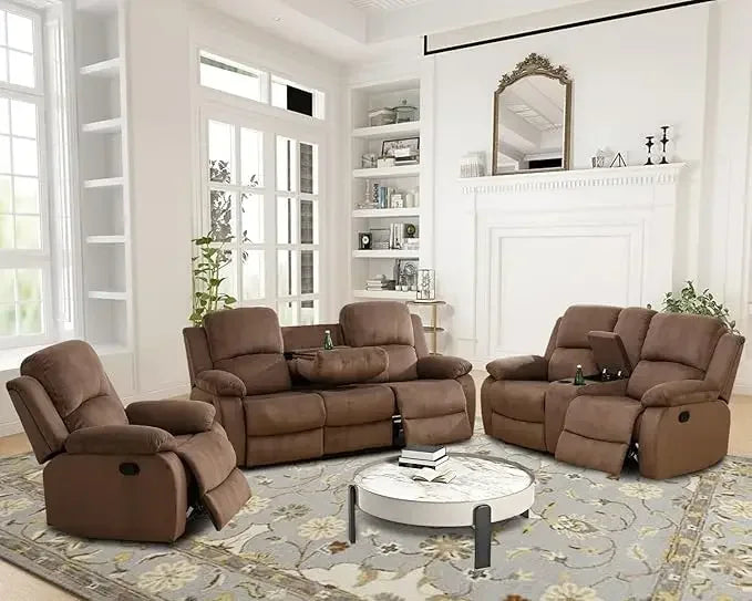 Living Room Sofa Set，3 Pieces Recliner Sofa Set Living Room Furniture, Fabric Sofa Set, Recliner Couch Set with Storage Console