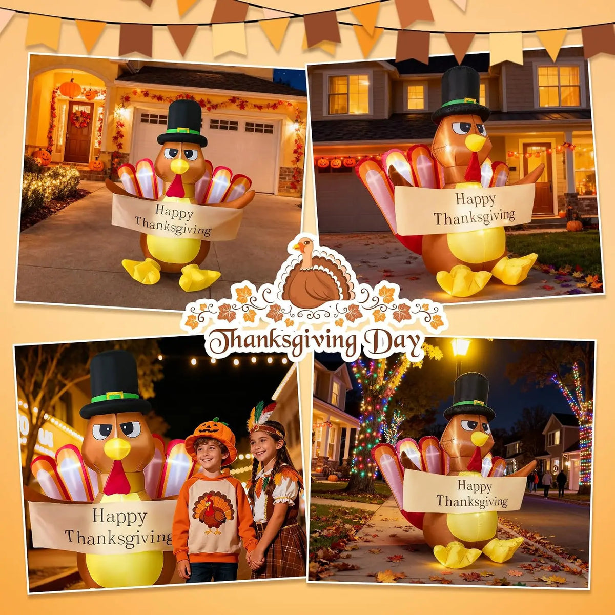 6 FT Thanksgiving Inflatables Turkey Decoration with Built-in LED Lights for Outdoor Lawn Yard Blow up Turkey Decor