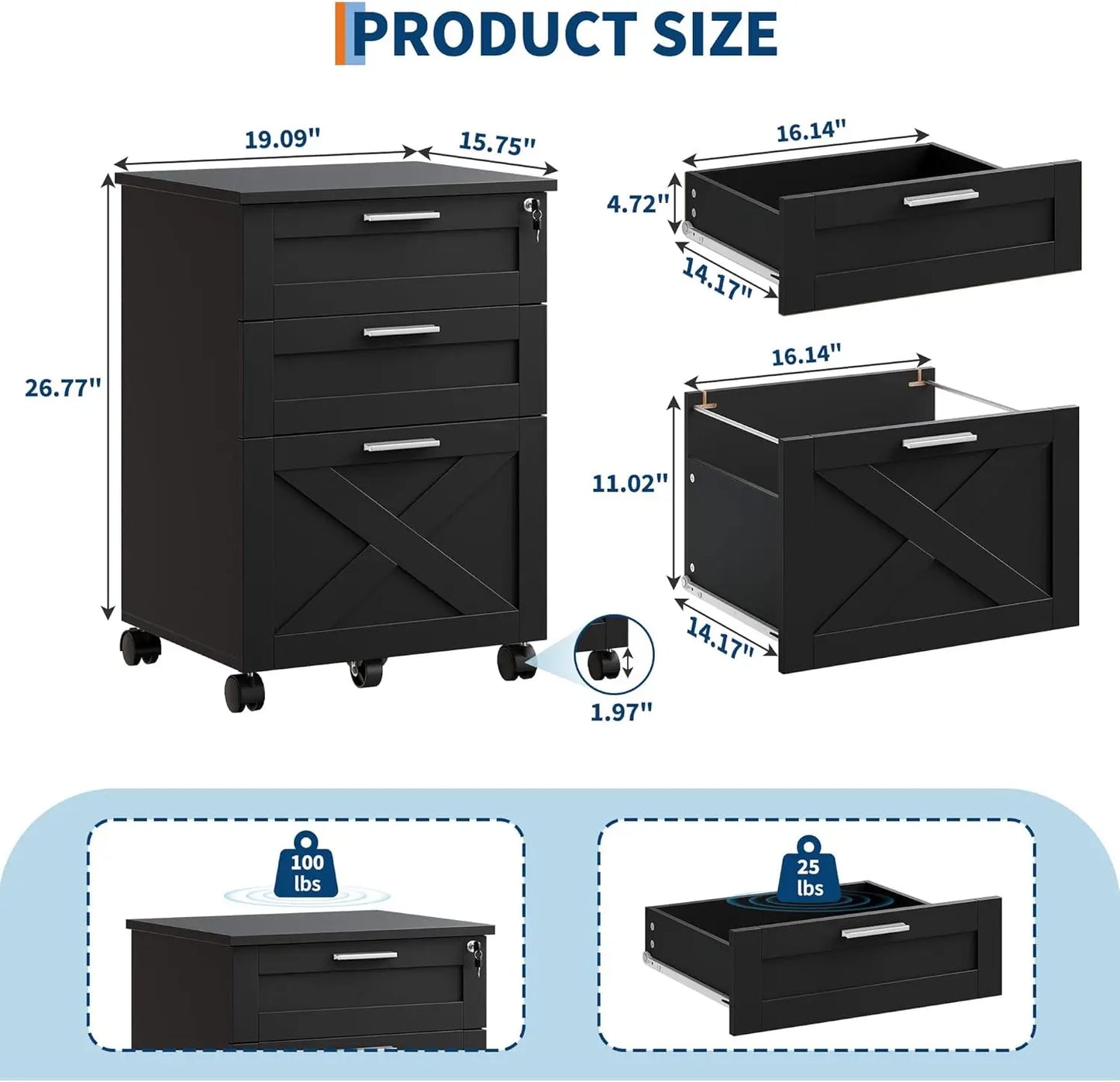 3-Drawer Rolling File Cabinet with Lock - Wooden Mobile Filing Cabinet for Home Office, Under Desk Storage Organizer fits Letter