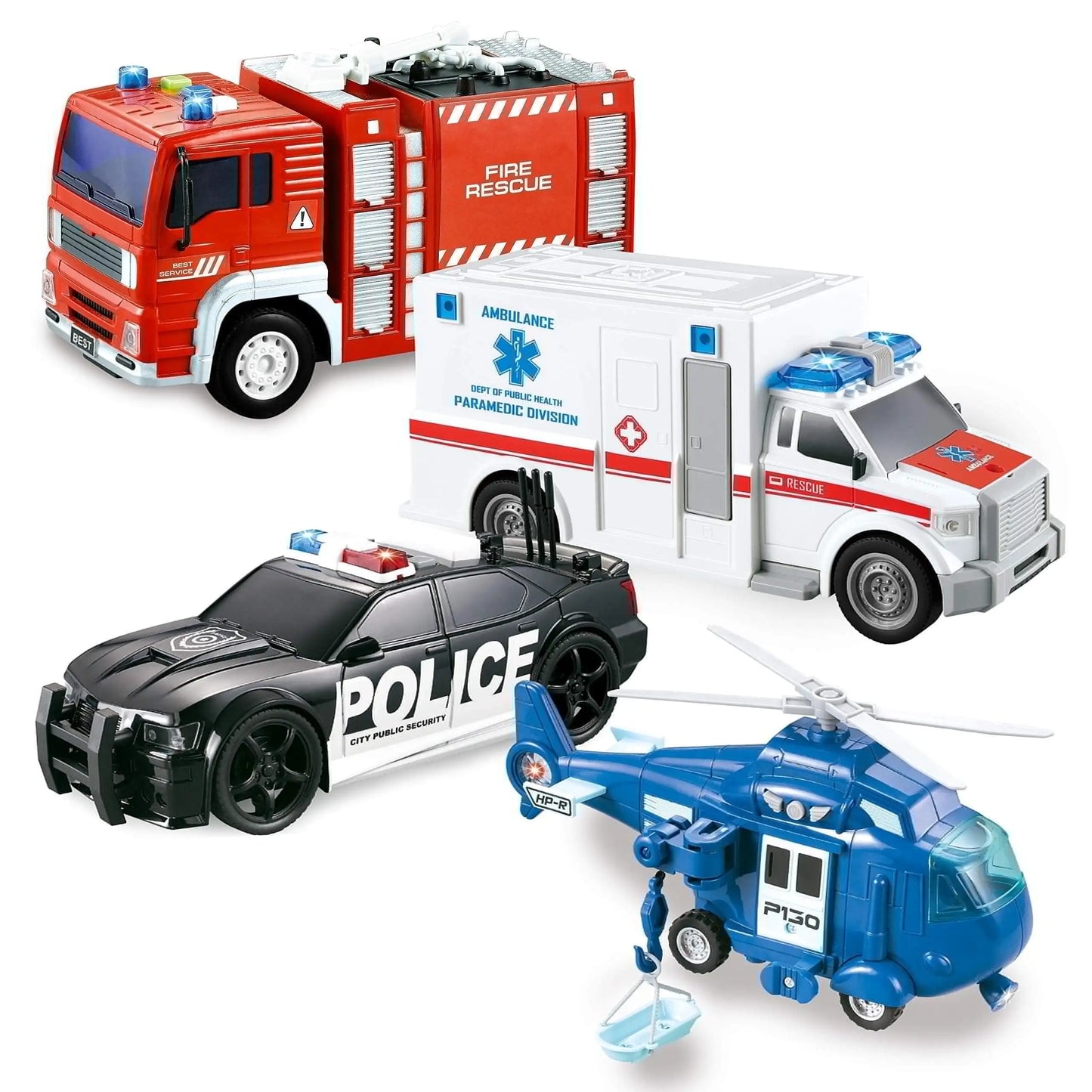 Joyfy 4 Packs Emergency Vehicle Playset Friction Powered Truck Ambulance Fire Truck Police Car Helicopter for Kid Birthday Gifts