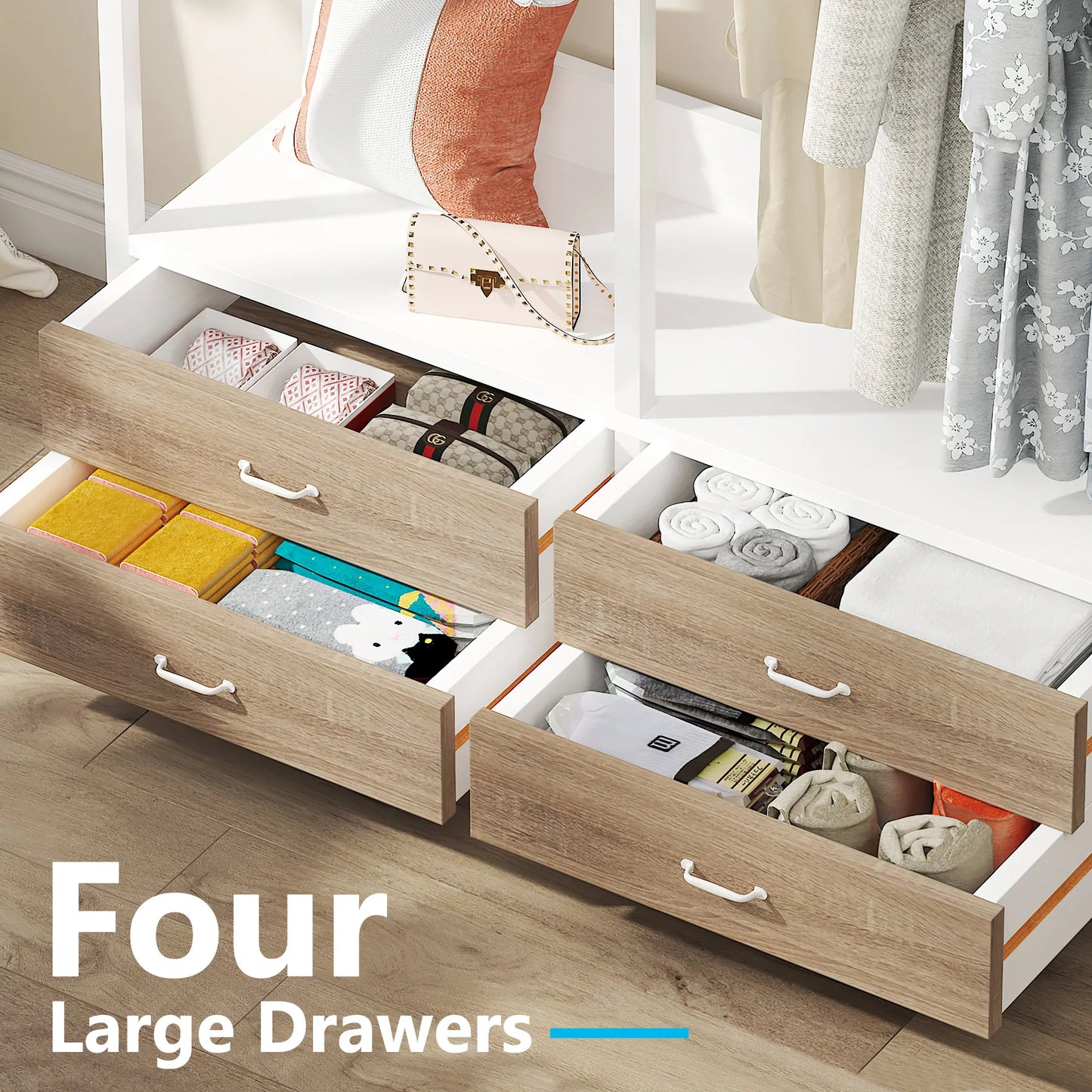 Tribesigns Freestanding Closet Organizer for Hanging Clothes, Heavy Duty Garment Rack with Drawers, 8 Hooks and Storage Shelves