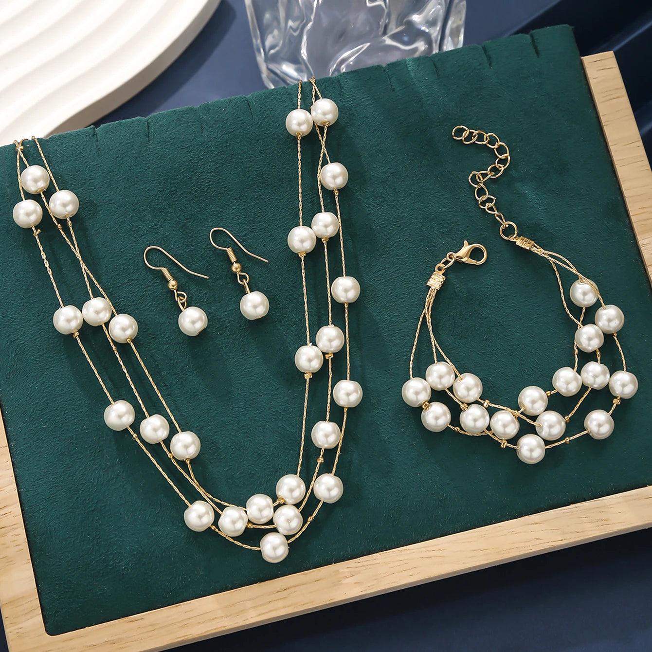 Elegant Fashion Multi-layer Stacked Imitation Pearl Necklace+Bracelet+Earrings Women's Jewelry Set Perfect Daily Party Wear Gift