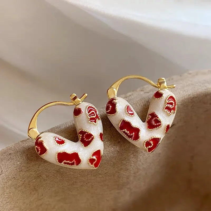2025 Trendy Red Dripping Oil Heart Hoop Earrings For Women Girls Korean Elegant Love Circle Dangle Earrings Wedding Jewelry Gift