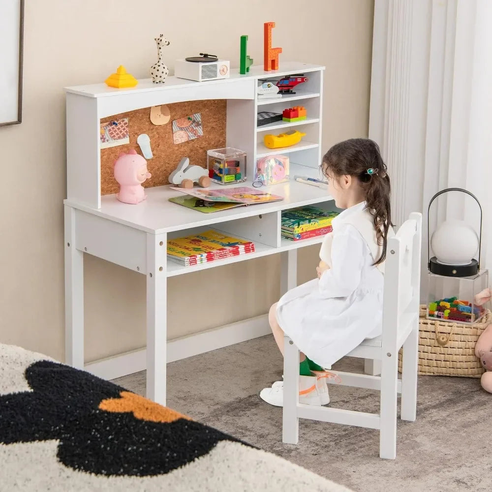 Kids Desk and Chair Set,Wooden Study Desk for Kids with Storage, Hutch, Cork Bulletin Board,Student Writing Computer Workstation