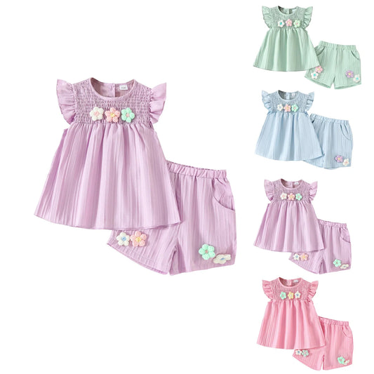 Girls' Summer Fashion Set Children's Flower Print Flying Sleeve Top+Shorts Two Piece Cute Little Girl Refreshing Set