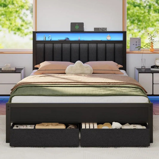 Queen Grey Upholstered Platform Bed With LED Lights Charging Station And Shelves