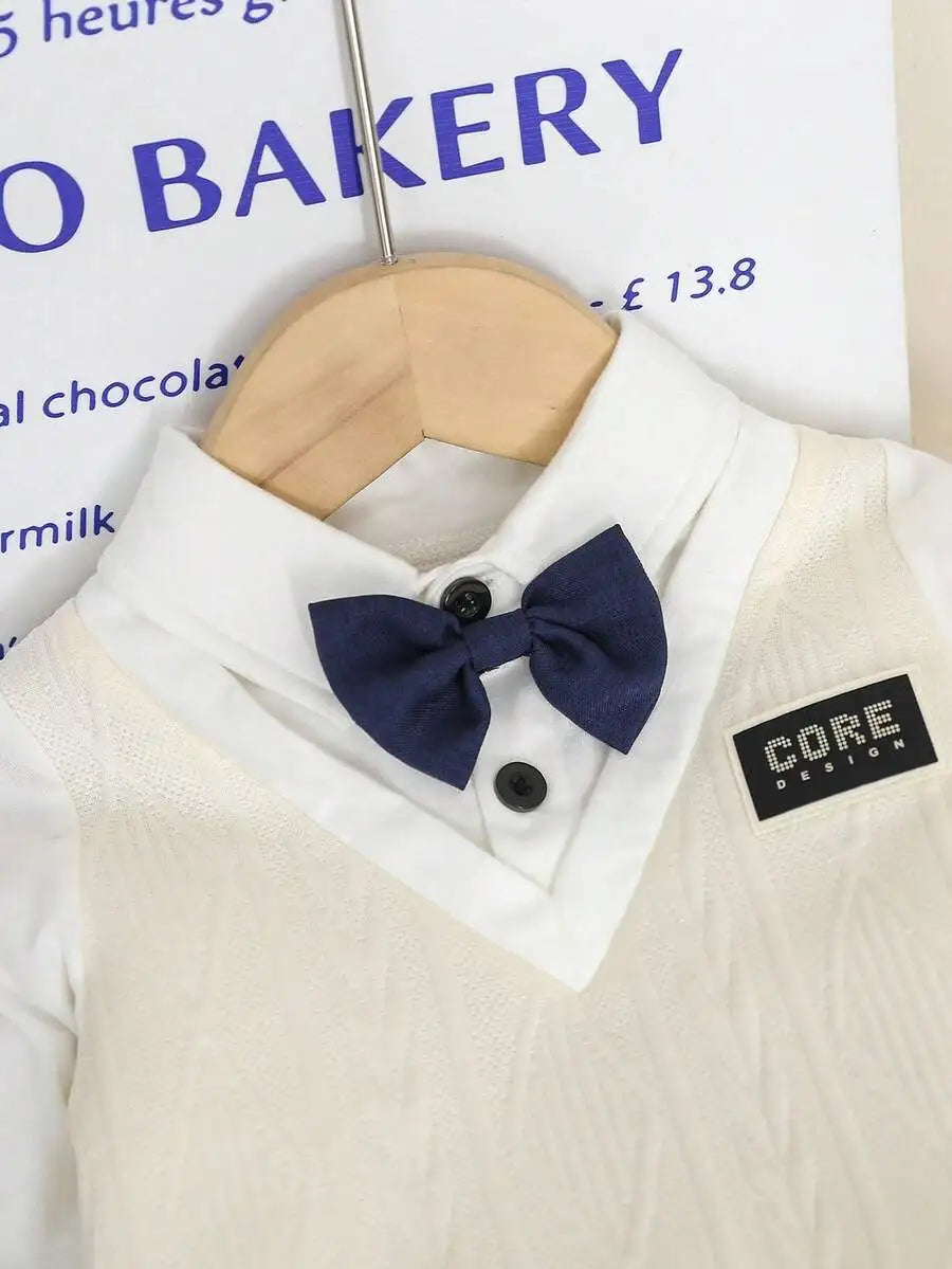 2-Piece Baby Boy Formal Outfit: Knit V-Neck Sweater with Bow Tie + Elastic Waist Pants
