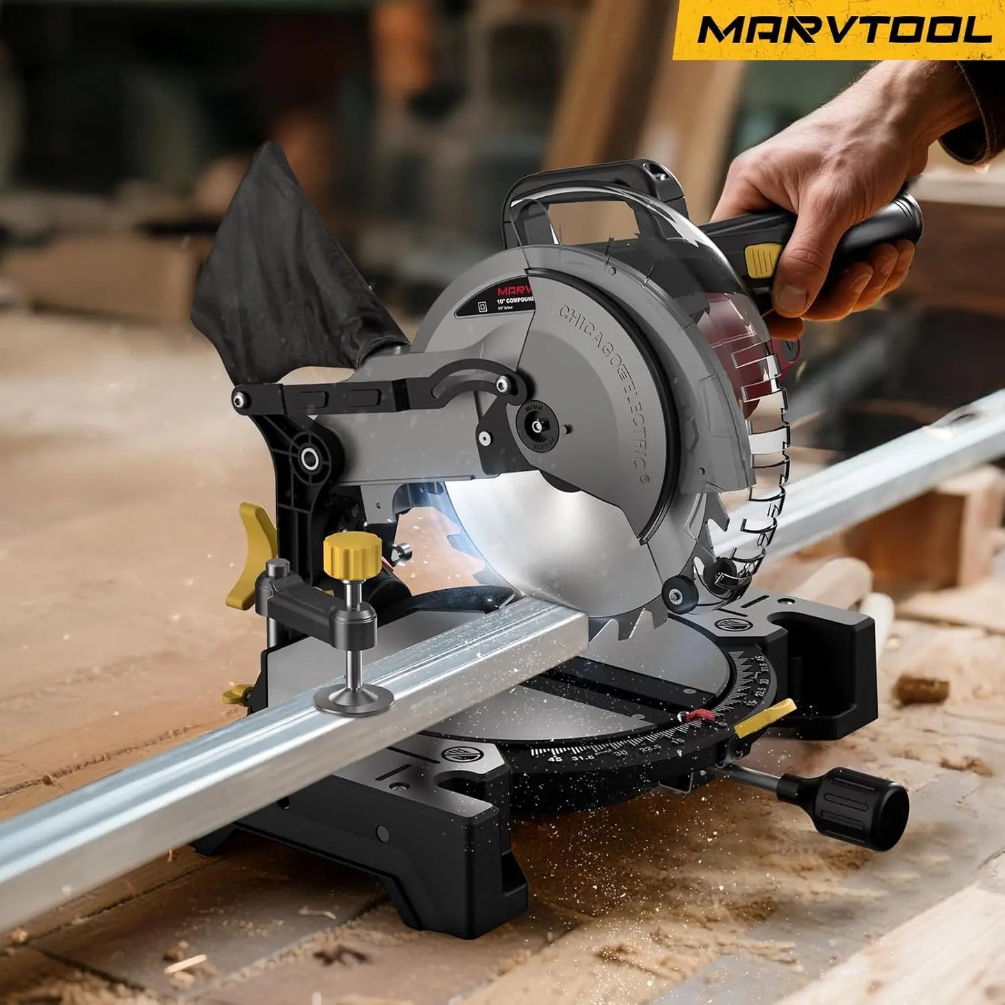 10" Compound Miter Saw Single Bevel 15-Amp, 5000 RPM 0°-45° Left Miter 36-Tooth Cutting Tool Multi-Material Cut Home Improvement