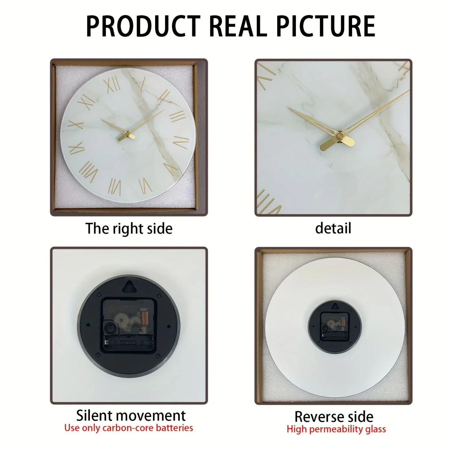 12-16 Inch Modern Marble Texture Tempered Glass Large Wall Clock - Battery Operated, Handcrafted Silent Non-Ticking Clock, Suita